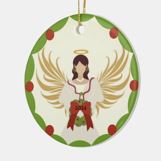 クリスマスエンジェルレッドグリーンホリーリース年2024 セラミックオーナメント (左)