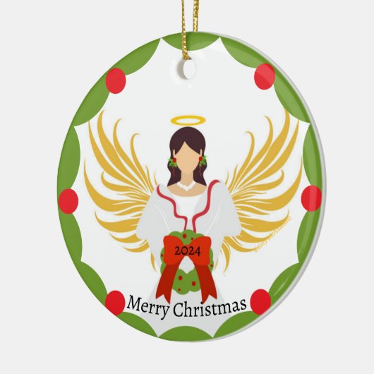 クリスマスエンジェルレッドグリーンリースファミリーフォト名 セラミックオーナメント (左)