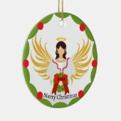 クリスマスエンジェルレッドグリーンリースファミリーフォト名 セラミックオーナメント (右)