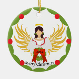 クリスマスエンジェルレッドグリーンリースファミリーフォト名 セラミックオーナメント