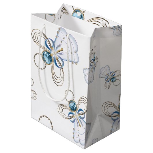 クリスマスエンジェル信仰のランダムなパターンのコラージュ ミディアムペーパーバッグ (裏面アングル)