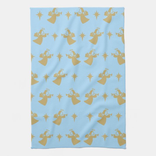 クリスマスエンジェル出生スターベビーブルー金ゴールド キッチンタオル (縦)