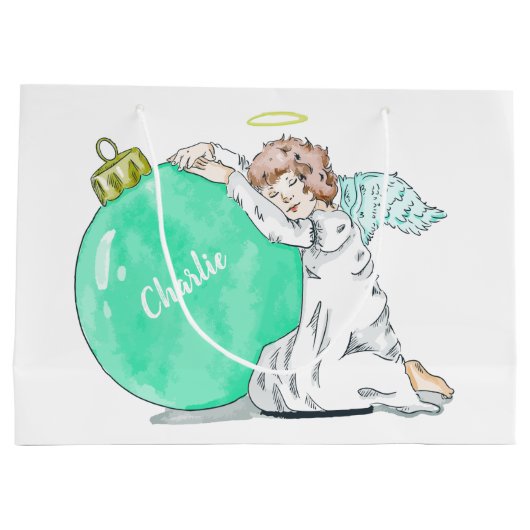 クリスマスエンジェル名前をカスタムするラージ抱き枕 ラージペーパーバッグ (裏面)