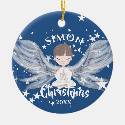 クリスマスエンジェル星フォトブルーかわいいセラミックまたは セラミックオーナメント (正面)