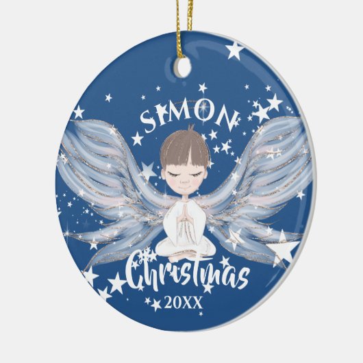 クリスマスエンジェル星フォトブルーかわいいセラミックまたは セラミックオーナメント (左)