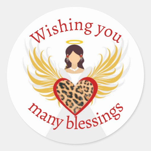 クリスマスエンジェル赤いハートヒョウ翼ギフト ラウンドシール (正面)