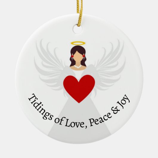 クリスマスエンジェル赤いハート愛の平和の喜び名のギフト セラミックオーナメント (正面)