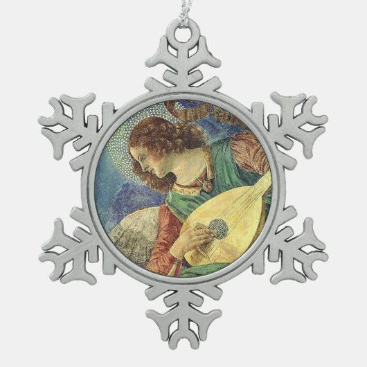 クリスマスエンジェル音楽を作る スノーフレークピューターオーナメント (正面)
