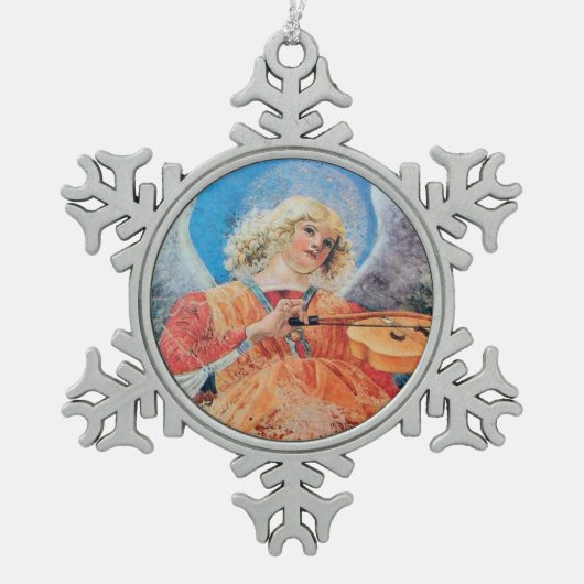 クリスマスエンジェル音楽ピンクブルーターコイズ スノーフレークピューターオーナメント (正面)