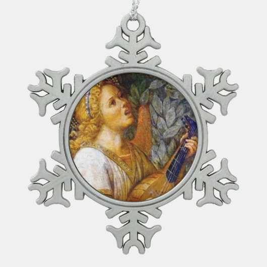 クリスマスエンジェル音楽ブルーグリーンターコイズ スノーフレークピューターオーナメント (正面)