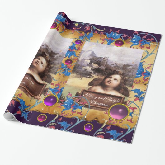 クリスマスエンジェル、レッドブルーフローラパーチメントピンク宝石 ラッピングペーパー (アンロールド)
