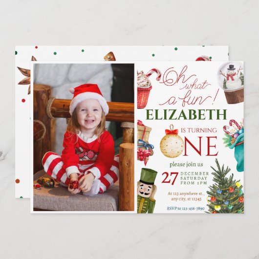 クリスマスオハイドーおもしろいファースト誕生日 招待状 (正面/裏面)