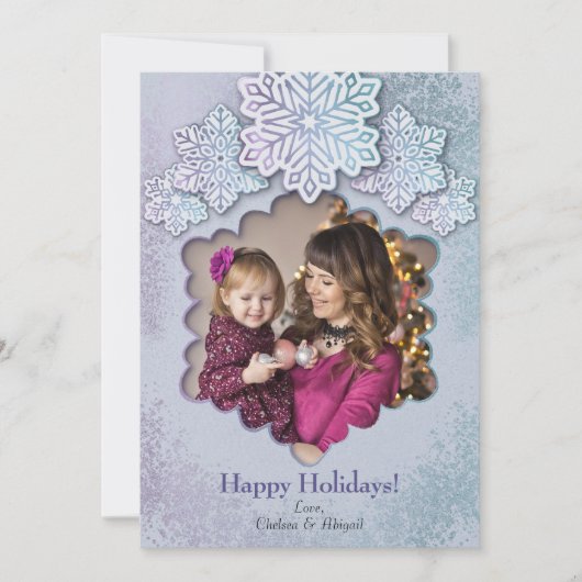 クリスマスオパール色のブルーパープルスノーフレーク写真 シーズンカード (正面)