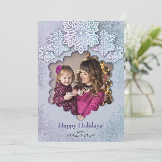 クリスマスオパール色のブルーパープルスノーフレーク写真 シーズンカード (スタンド正面)