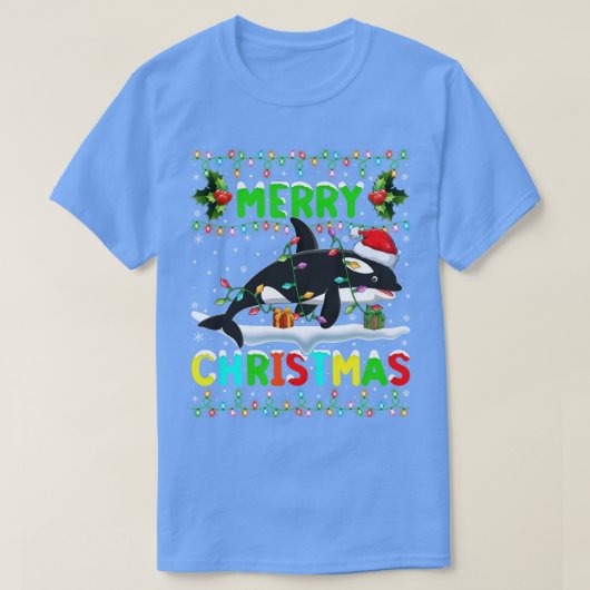 クリスマスオルカフィッシュ照明サンタハットメリークリスマス Tシャツ (デザイン正面)