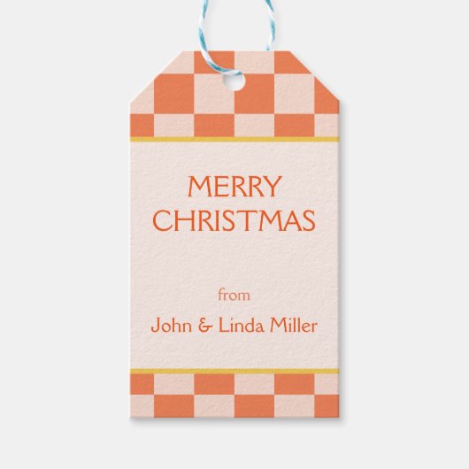 クリスマスオレンジのレトロ市松模様にパターン ギフトタグ (正面)