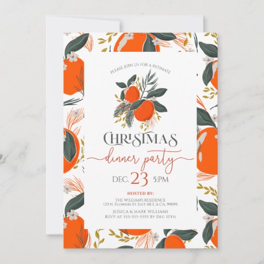 クリスマスオレンジ&フラワーパターンパーティー招待状 招待状 (正面)