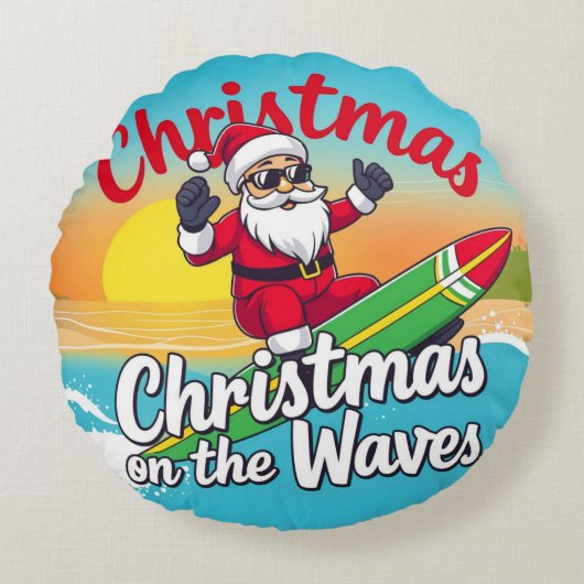 クリスマスオンザウェーブスサンタデザイン ラウンドクッション (正面)