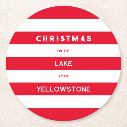 クリスマスオンザレイクレッド航海のストライプ循環 ラウンドペーパーコースター (正面)