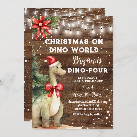クリスマスオンディノ世界木材恐竜4th誕生日 招待状 (正面/裏面)