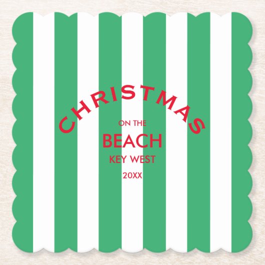 クリスマスオンビーチカスタムグリーンカバナストライプ ペーパーコースター (正面)