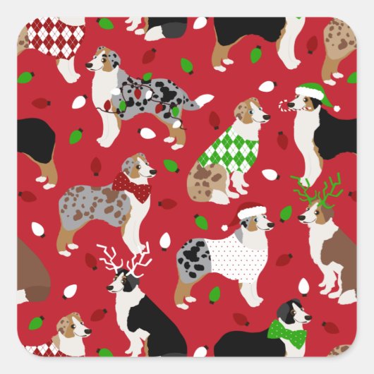 クリスマスオーストラリアシェパード広場ステッカー スクエアシール (正面)