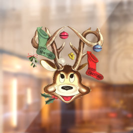 クリスマスオーナメントで飾られた笑顔のトナカイ ウィンドウサイン