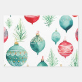 クリスマスオーナメントとキャンデルブルーグリーンとレッド ラッピングペーパーシート (正面3)