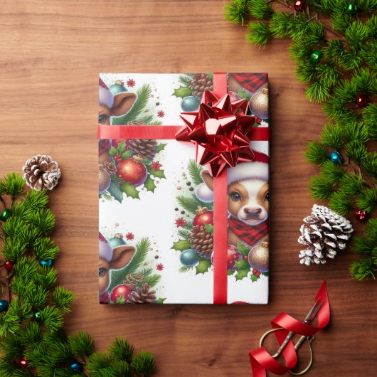 クリスマスオーナメントに囲まれたサンタハットのふくらはぎ ラッピングペーパー (クリスマスギフト)