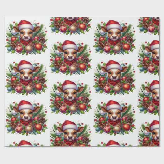 クリスマスオーナメントに囲まれたサンタハットのふくらはぎ ラッピングペーパー (フラット)