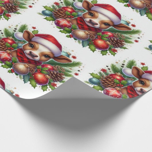 クリスマスオーナメントに囲まれたサンタハットのふくらはぎ ラッピングペーパー (角)