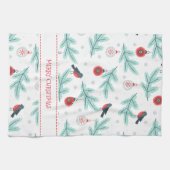 クリスマスオーナメントの鳥と冬の葉のパターン キッチンタオル (横)