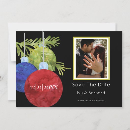 クリスマスオーナメントの黒い写真の日付を保存 マグネット招待状 (正面)