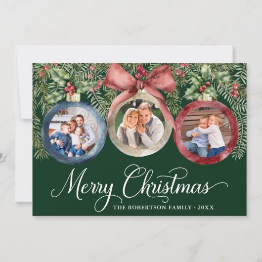 クリスマスオーナメントエレガント家族3枚の写真グリーン シーズンカード (正面)