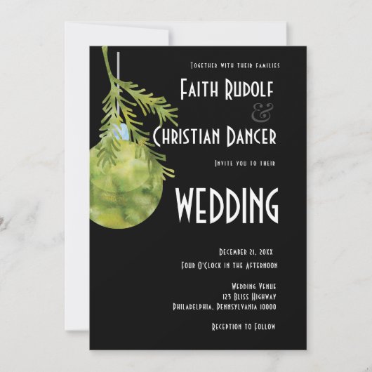 クリスマスオーナメントグリーン モダンウェディング 案内状 (正面)