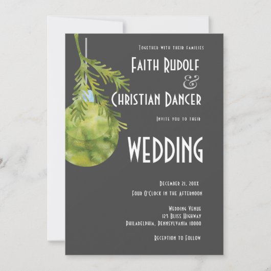 クリスマスオーナメントグリーン モダンウェディング 案内状 (正面)