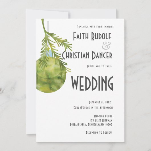 クリスマスオーナメントグリーン モダンウェディング 案内状 (正面)