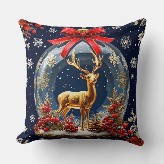 クリスマスオーナメントグローブ内のゴールデントナカイ クッション (正面)