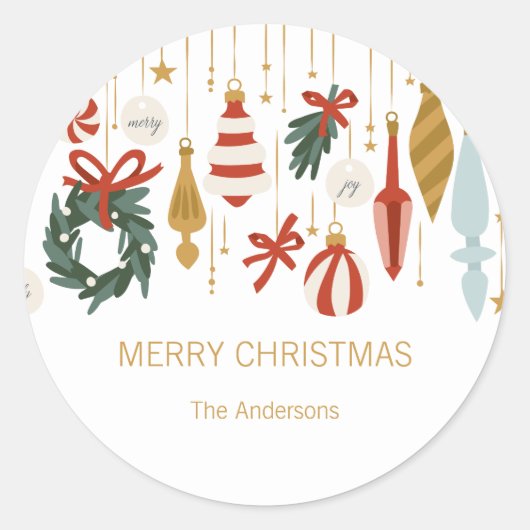 クリスマスオーナメントズメリークリスマスホリデー ラウンドシール (正面)
