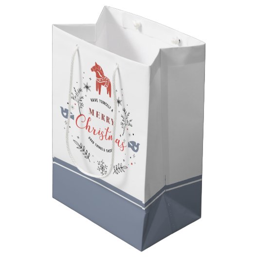 クリスマスオーナメントタイポグラフィ、葉と動物 ミディアムペーパーバッグ (正面アングル)