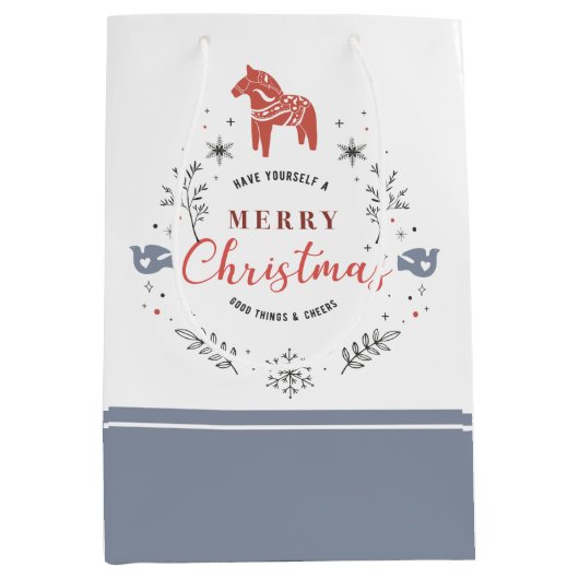 クリスマスオーナメントタイポグラフィ、葉と動物 ミディアムペーパーバッグ (正面)