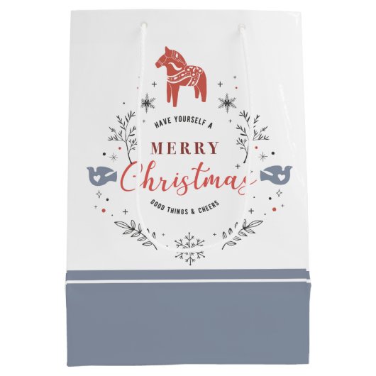 クリスマスオーナメントタイポグラフィ、葉と動物 ミディアムペーパーバッグ (裏面)