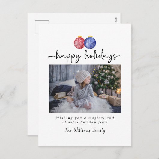 クリスマスオーナメントハッピーホリデー1枚エレガント写真 シーズンポストカード (正面/裏面)