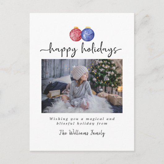 クリスマスオーナメントハッピーホリデー1枚エレガント写真 シーズンポストカード (正面)