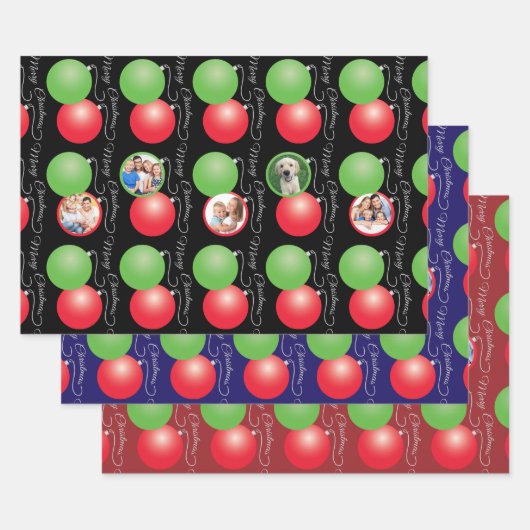 クリスマスオーナメントパターンファミリーフォトコラージュ ラッピングペーパーシート (セット)