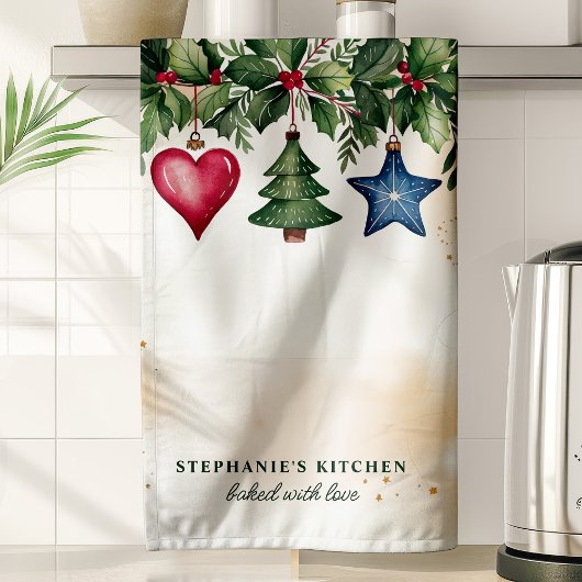 クリスマスオーナメントパーソナライズされた休日 キッチンタオル