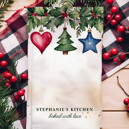 クリスマスオーナメントパーソナライズされた休日 キッチンタオル