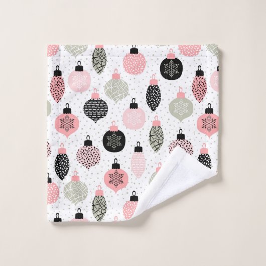 クリスマスオーナメントピンクと緑の白の背景 バスタオルセット (ウォッシュタオル)