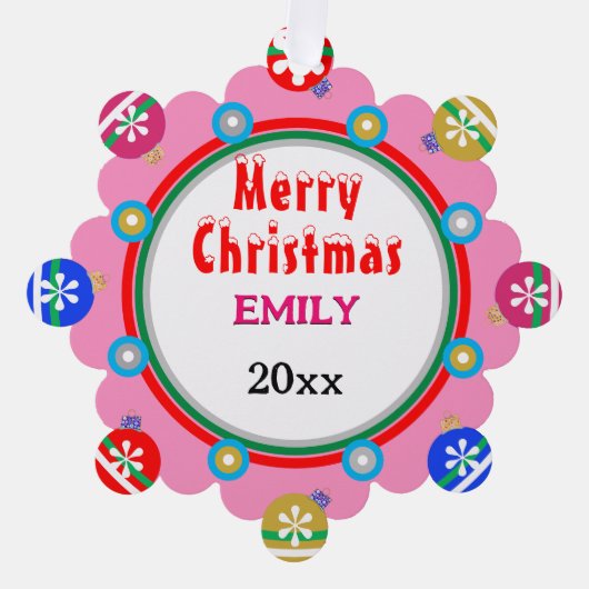 クリスマスオーナメントピンクレッドガールの名前 オーナメントカード (正面)