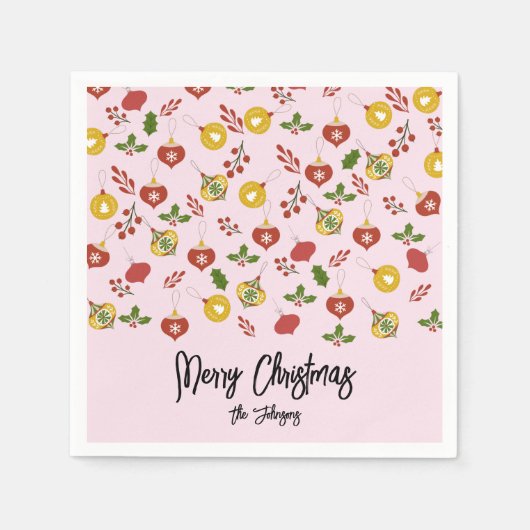 クリスマスオーナメントフェスティバルグリーンリーピンク スタンダードカクテルナプキン (正面)